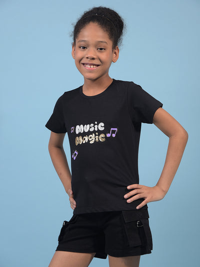 Girl's Black Embellished T-Shirt-Girls T-Shirts-Crimsoune Club