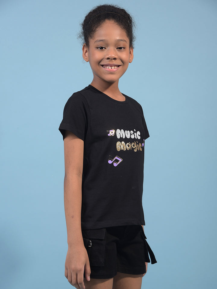Girl's Black Embellished T-Shirt-Girls T-Shirts-Crimsoune Club