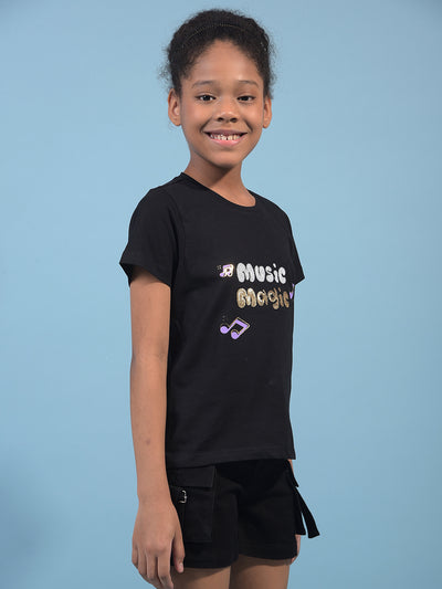 Girl's Black Embellished T-Shirt-Girls T-Shirts-Crimsoune Club