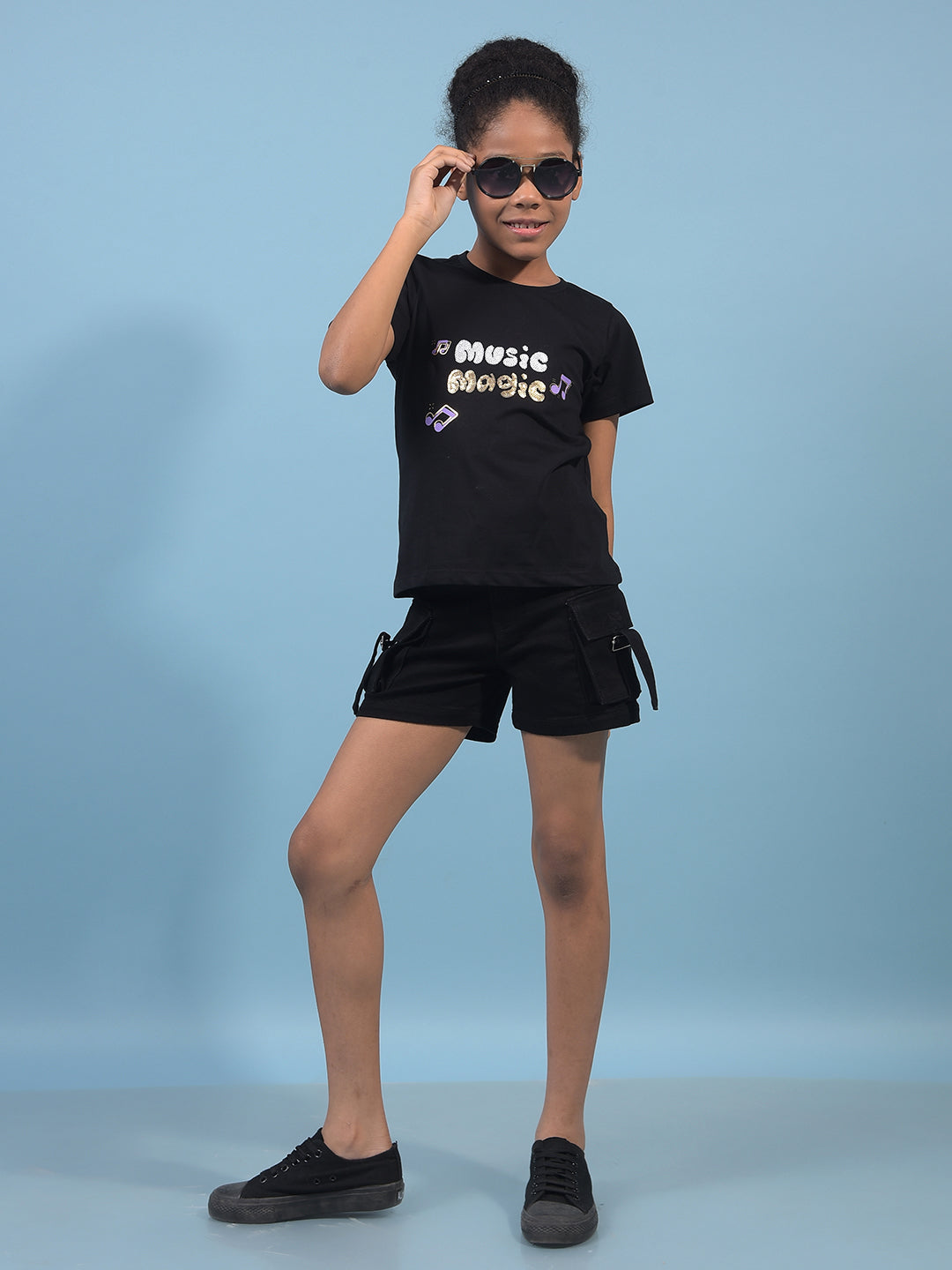 Girl's Black Embellished T-Shirt-Girls T-Shirts-Crimsoune Club