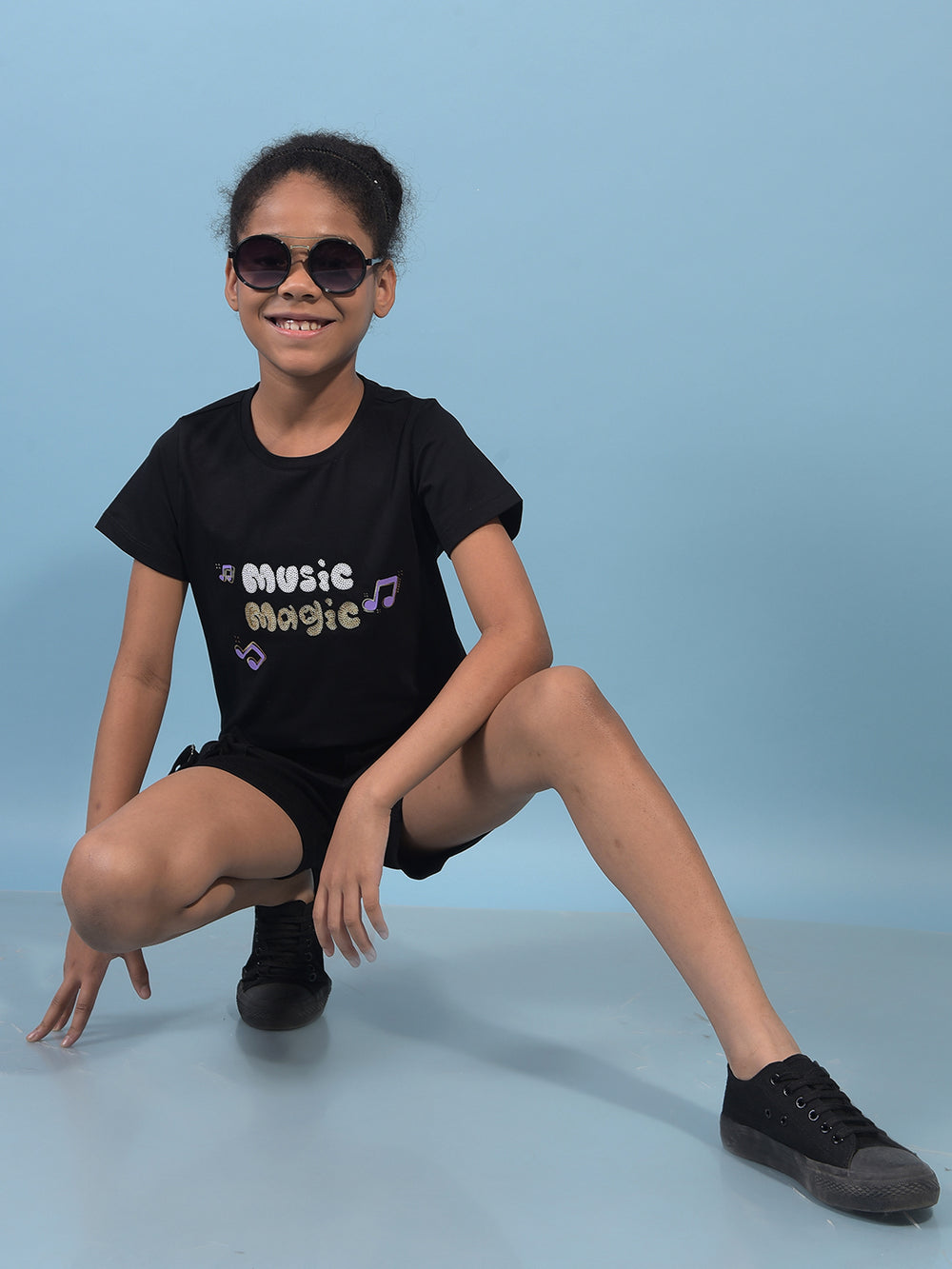 Girl's Black Embellished T-Shirt-Girls T-Shirts-Crimsoune Club