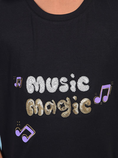 Girl's Black Embellished T-Shirt-Girls T-Shirts-Crimsoune Club