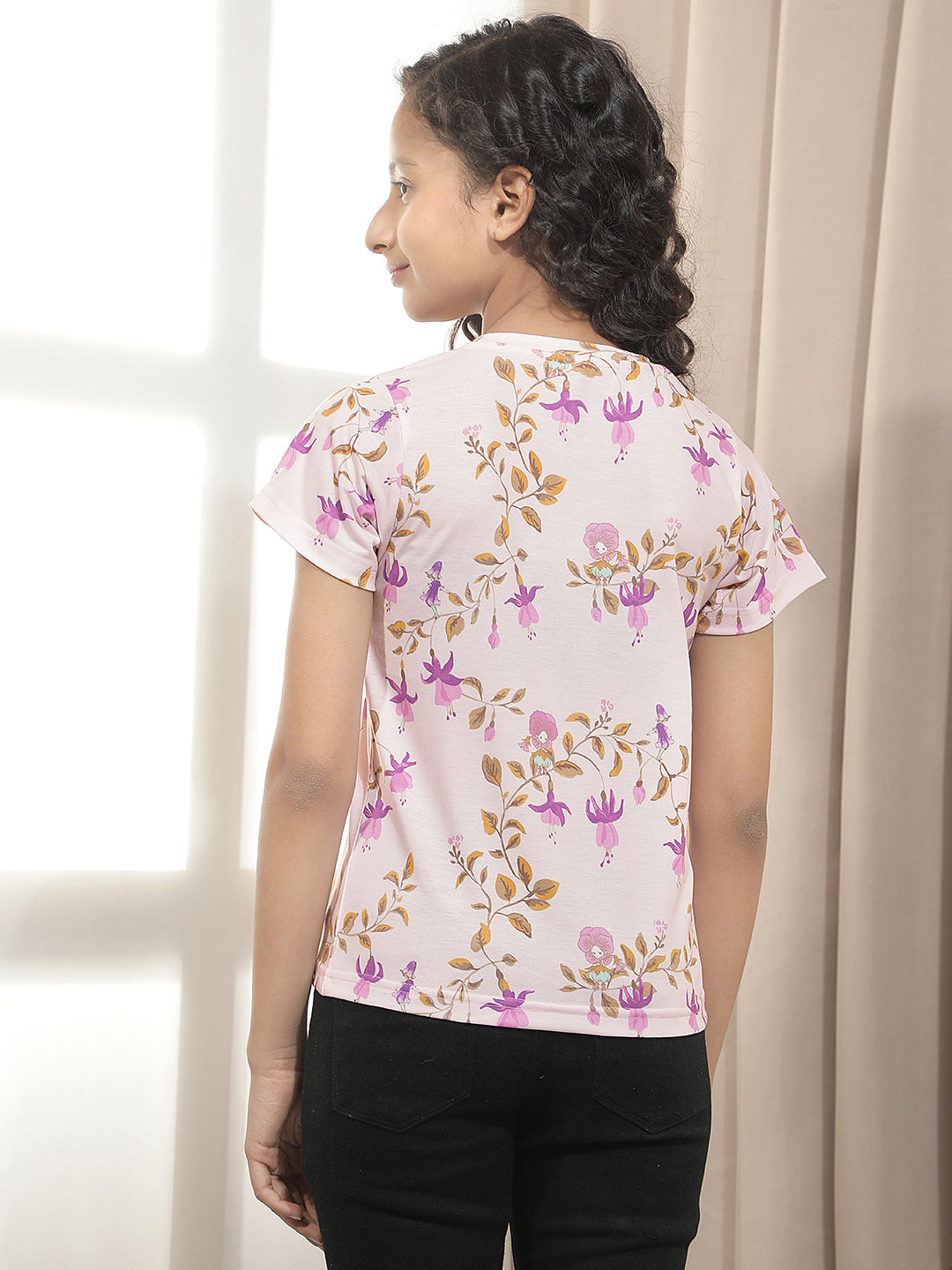 Purple Floral Print T-Shirt-Girls T-Shirts-Crimsoune Club