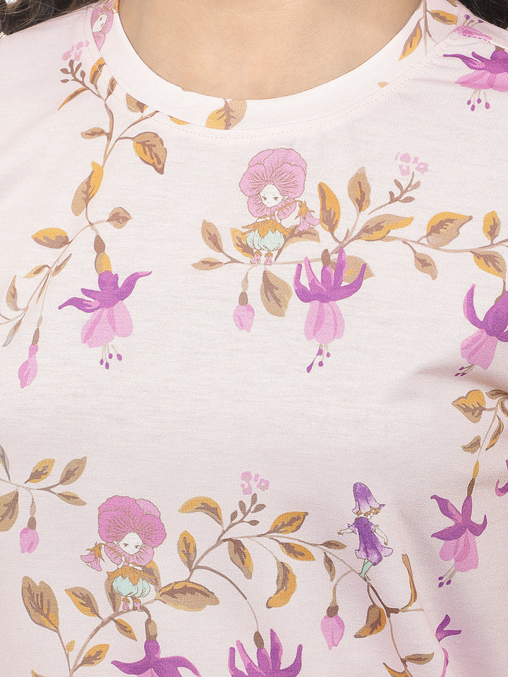 Purple Floral Print T-Shirt-Girls T-Shirts-Crimsoune Club