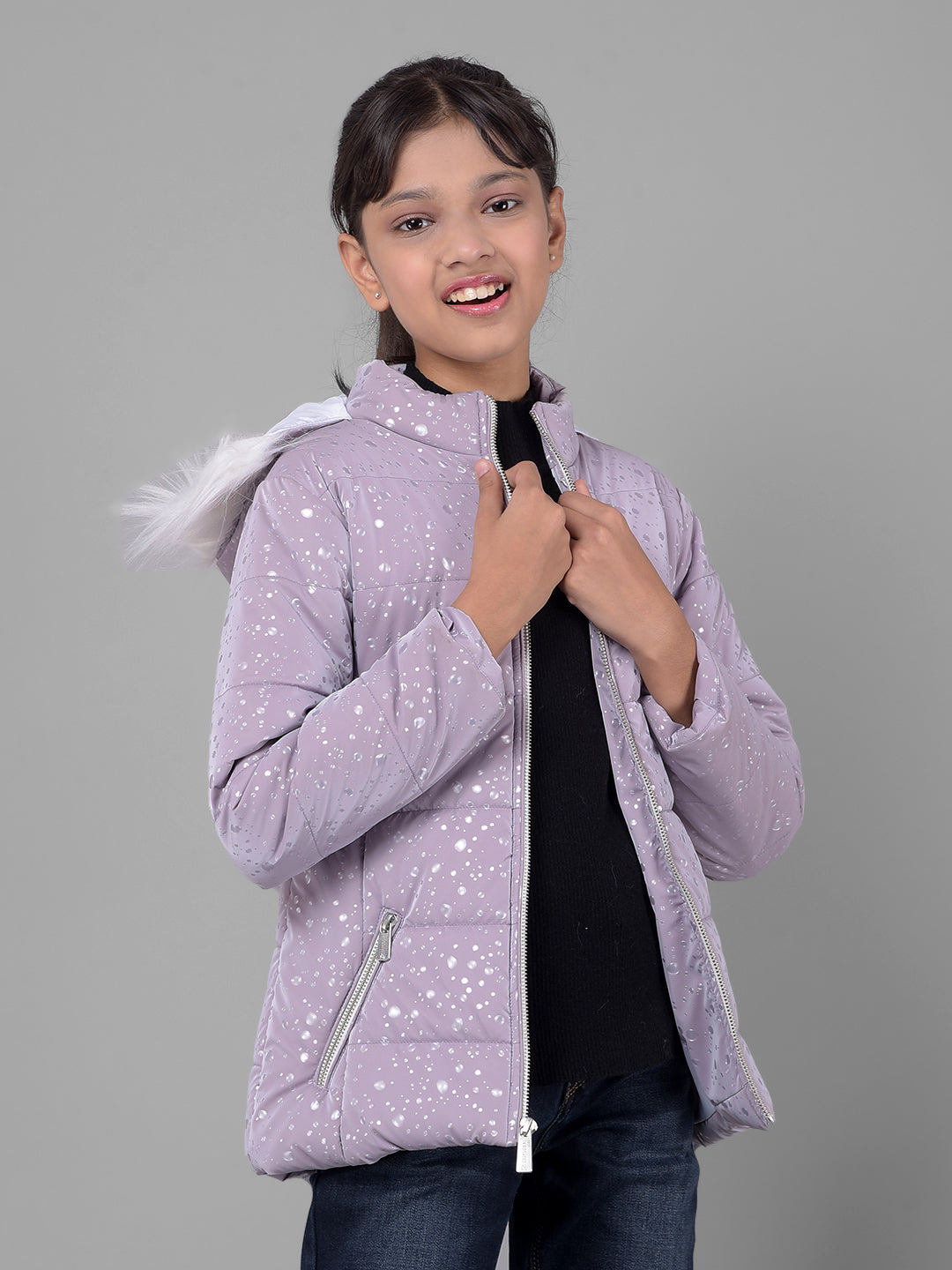 Purple Printed Puffer Jacket With Hood-Girls Jackets-Crimsoune Club