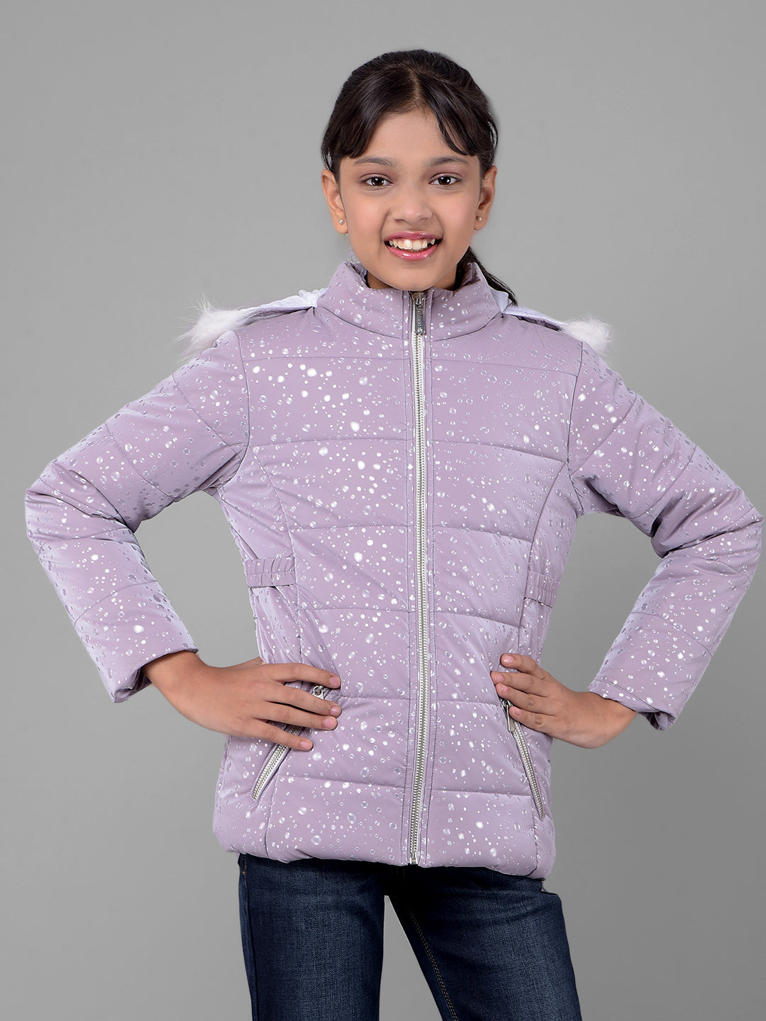 Purple Printed Puffer Jacket With Hood-Girls Jackets-Crimsoune Club