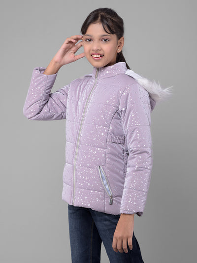 Purple Printed Puffer Jacket With Hood-Girls Jackets-Crimsoune Club