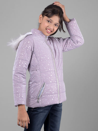 Purple Printed Puffer Jacket With Hood-Girls Jackets-Crimsoune Club