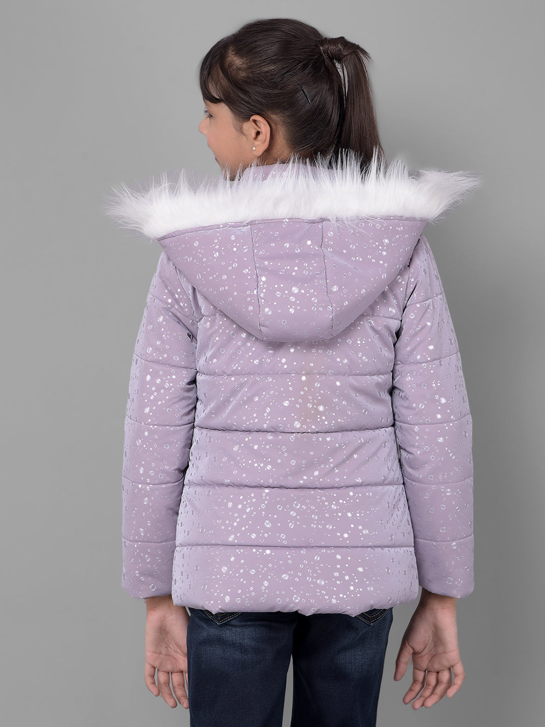 Purple Printed Puffer Jacket With Hood-Girls Jackets-Crimsoune Club