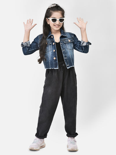 Blue Crop Length Denim Jacket-Girls Jackets-Crimsoune Club