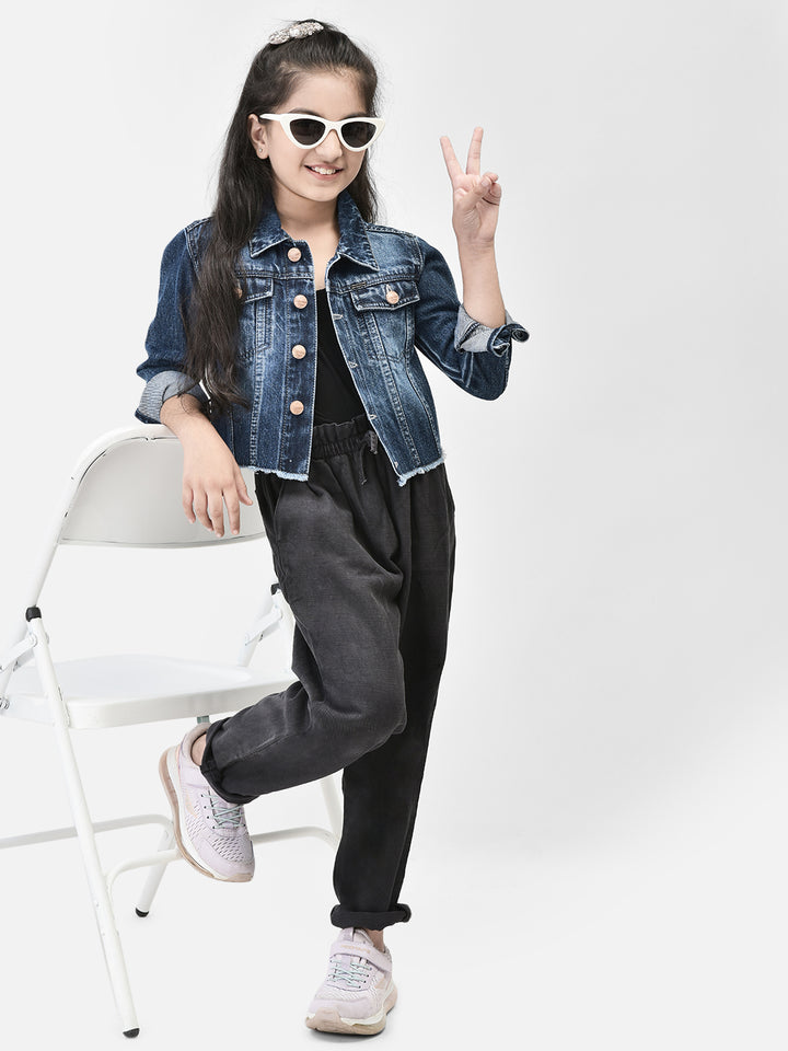 Blue Crop Length Denim Jacket-Girls Jackets-Crimsoune Club