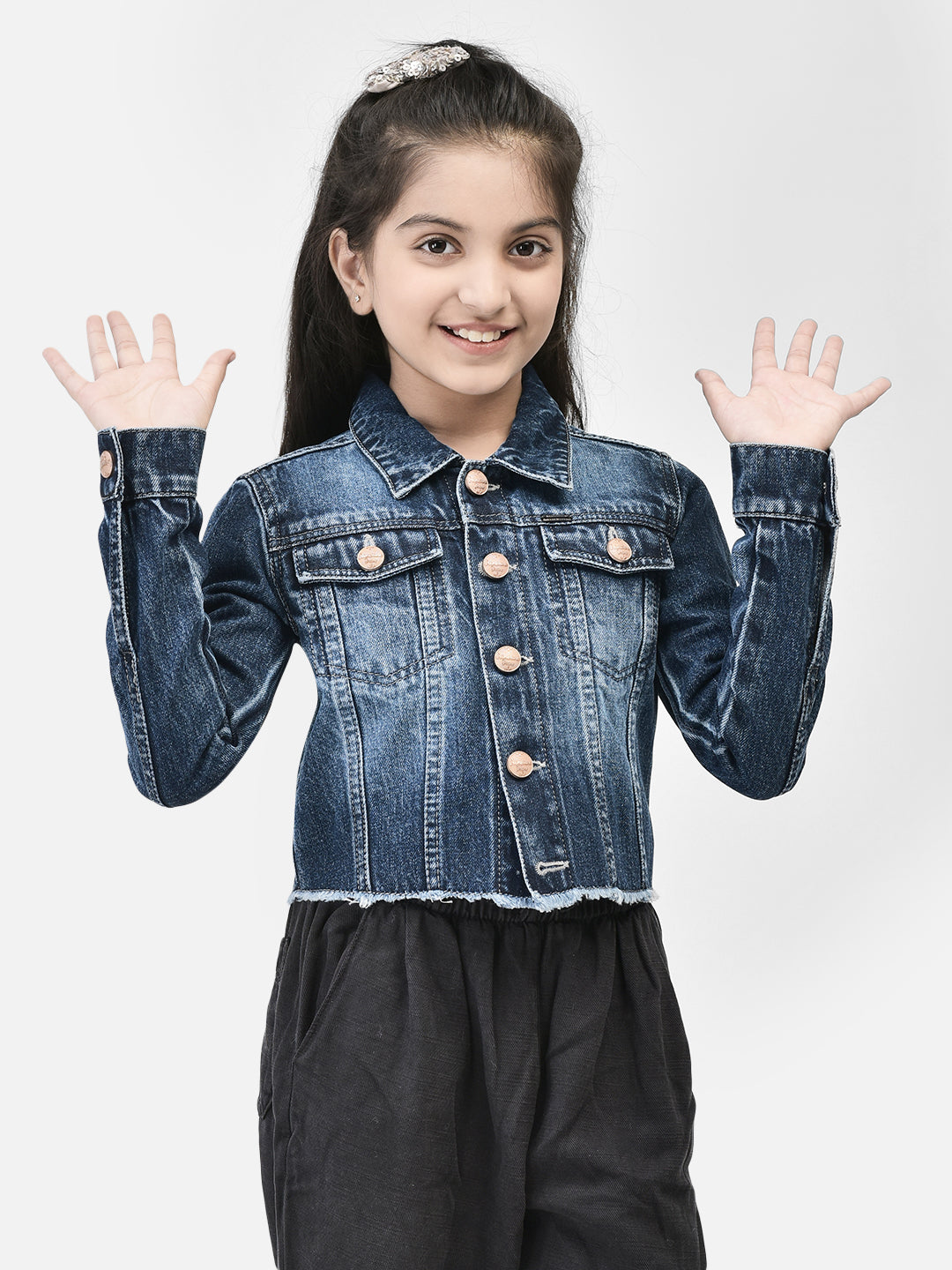 Blue Crop Length Denim Jacket-Girls Jackets-Crimsoune Club