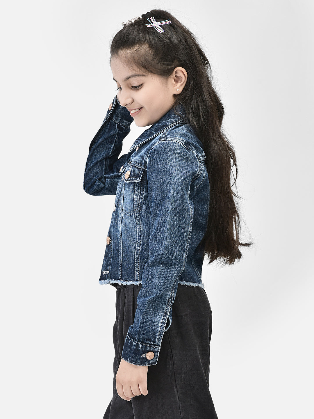 Blue Crop Length Denim Jacket-Girls Jackets-Crimsoune Club