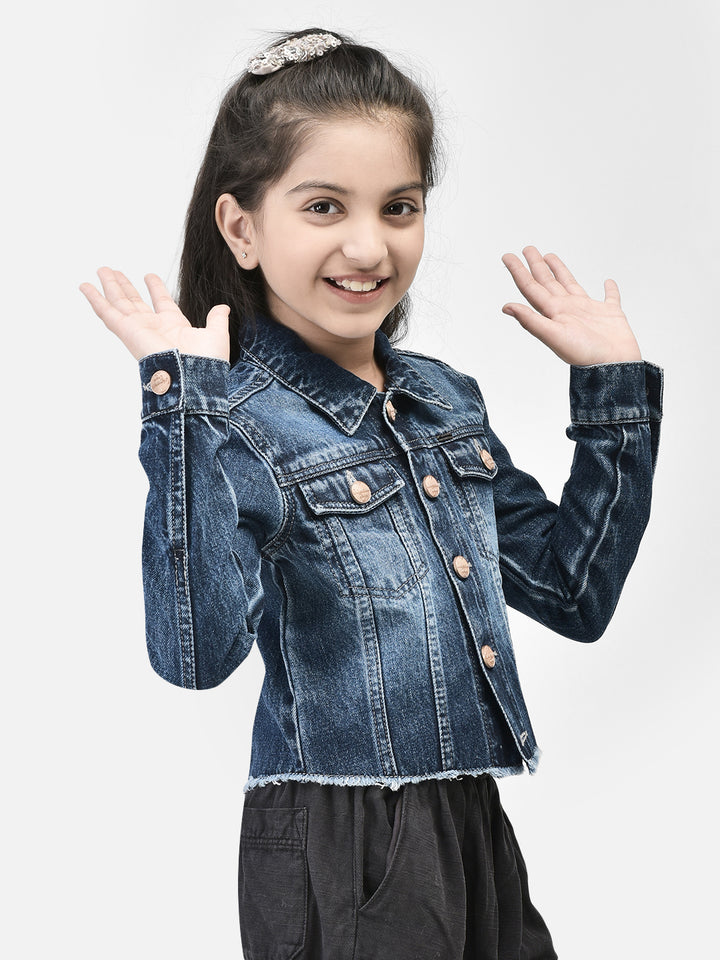 Blue Crop Length Denim Jacket-Girls Jackets-Crimsoune Club