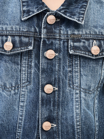 Blue Crop Length Denim Jacket-Girls Jackets-Crimsoune Club