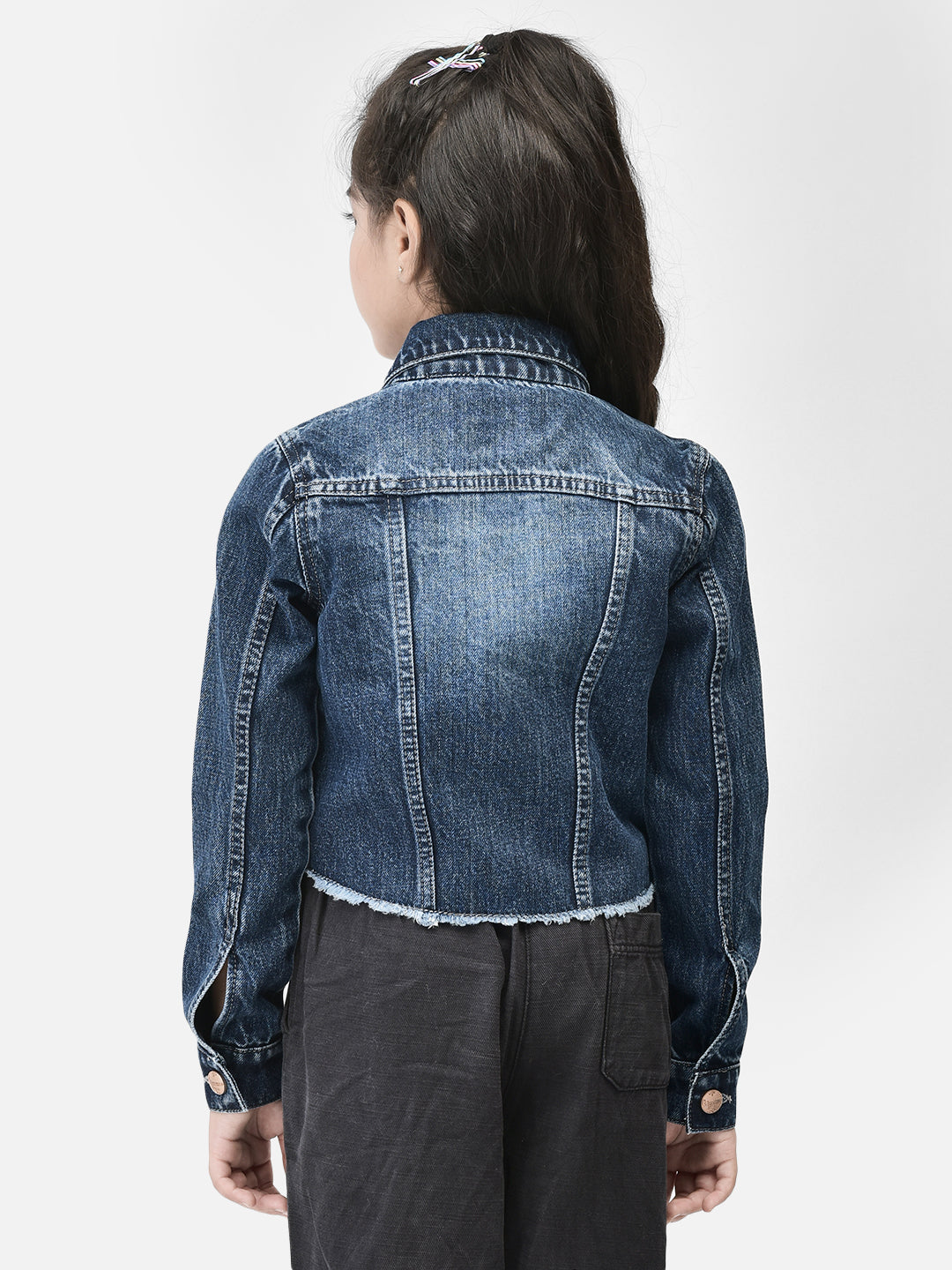 Blue Crop Length Denim Jacket-Girls Jackets-Crimsoune Club