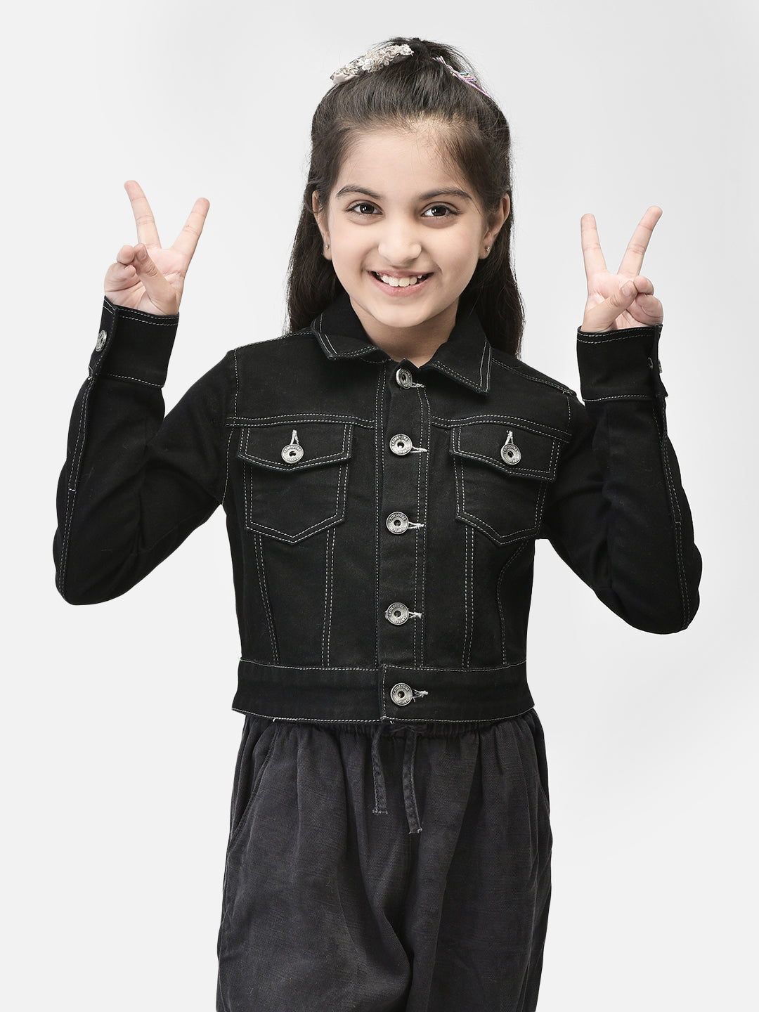 Black Crop Length Denim Jacket-Girls Jackets-Crimsoune Club