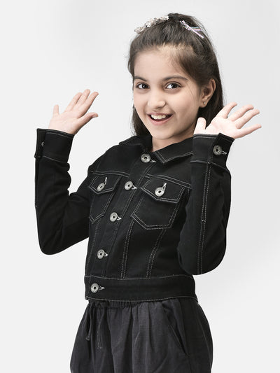 Black Crop Length Denim Jacket-Girls Jackets-Crimsoune Club