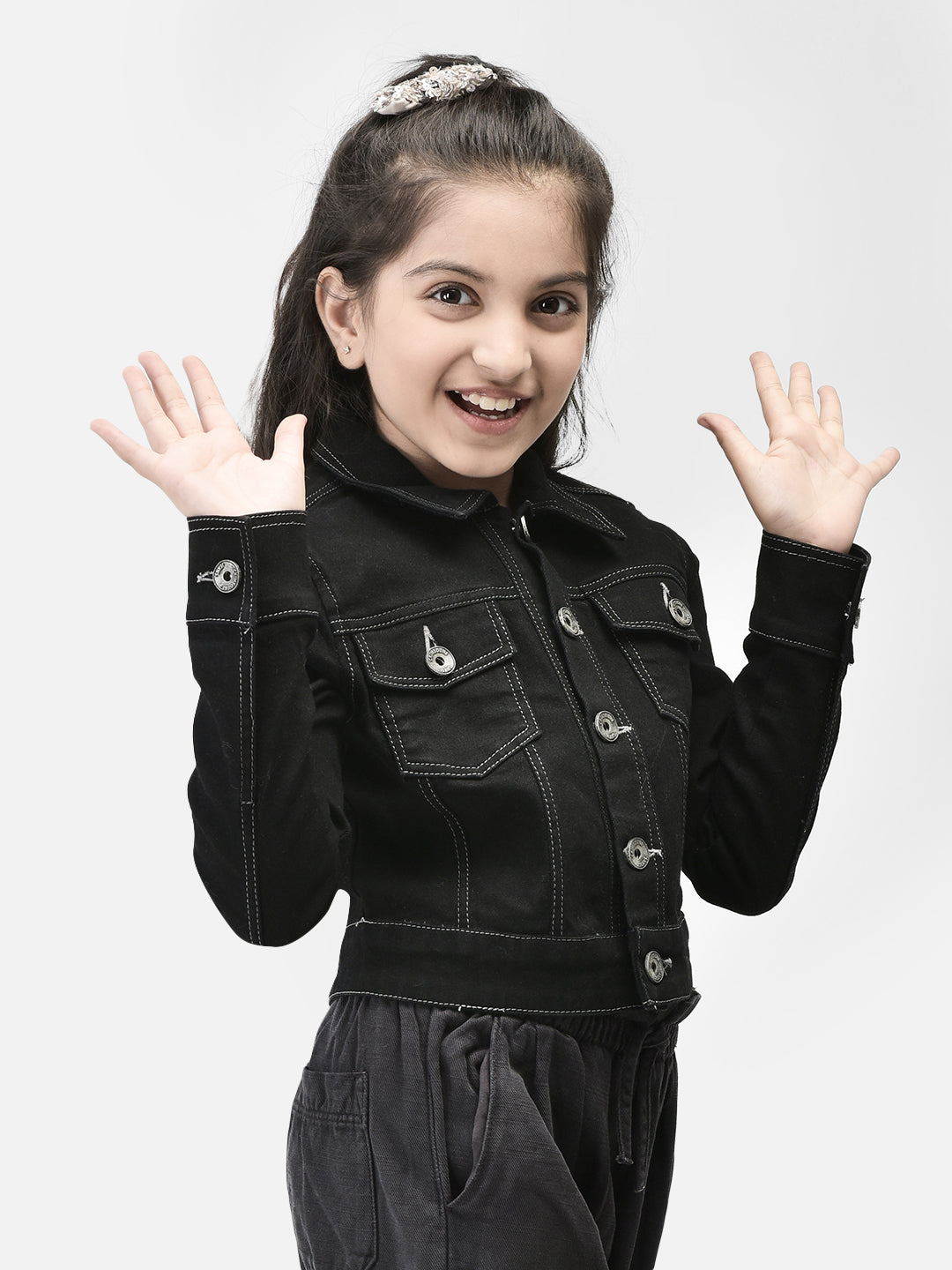 Black Crop Length Denim Jacket-Girls Jackets-Crimsoune Club