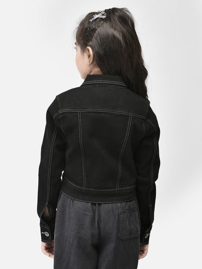 Black Crop Length Denim Jacket-Girls Jackets-Crimsoune Club