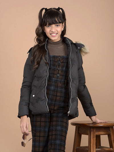 Black Graphic Print Hooded Neck Puffer Jacket-Girls Jackets-Crimsoune Club