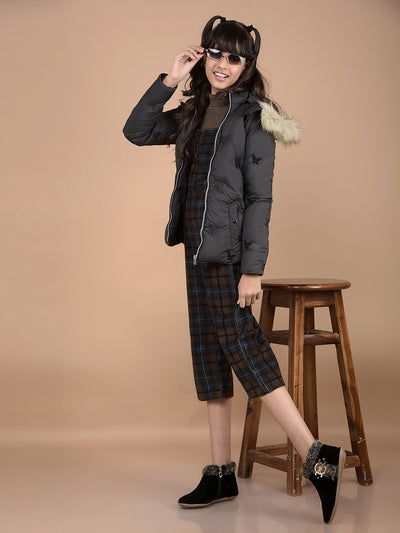 Black Graphic Print Hooded Neck Puffer Jacket-Girls Jackets-Crimsoune Club