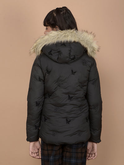 Black Graphic Print Hooded Neck Puffer Jacket-Girls Jackets-Crimsoune Club