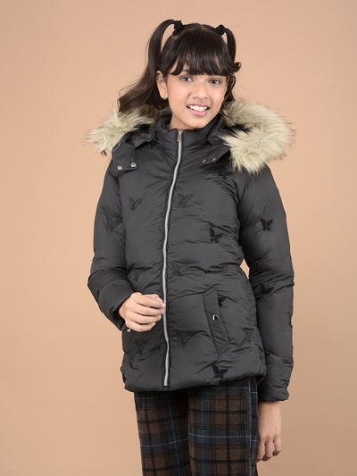 Black Graphic Print Hooded Neck Puffer Jacket-Girls Jackets-Crimsoune Club