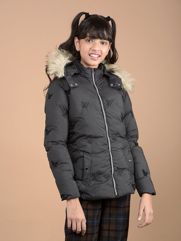 Black Graphic Print Hooded Neck Puffer Jacket-Girls Jackets-Crimsoune Club