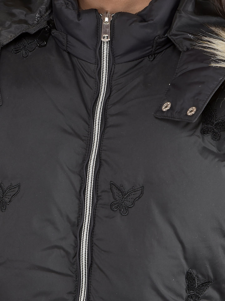 Black Graphic Print Hooded Neck Puffer Jacket-Girls Jackets-Crimsoune Club
