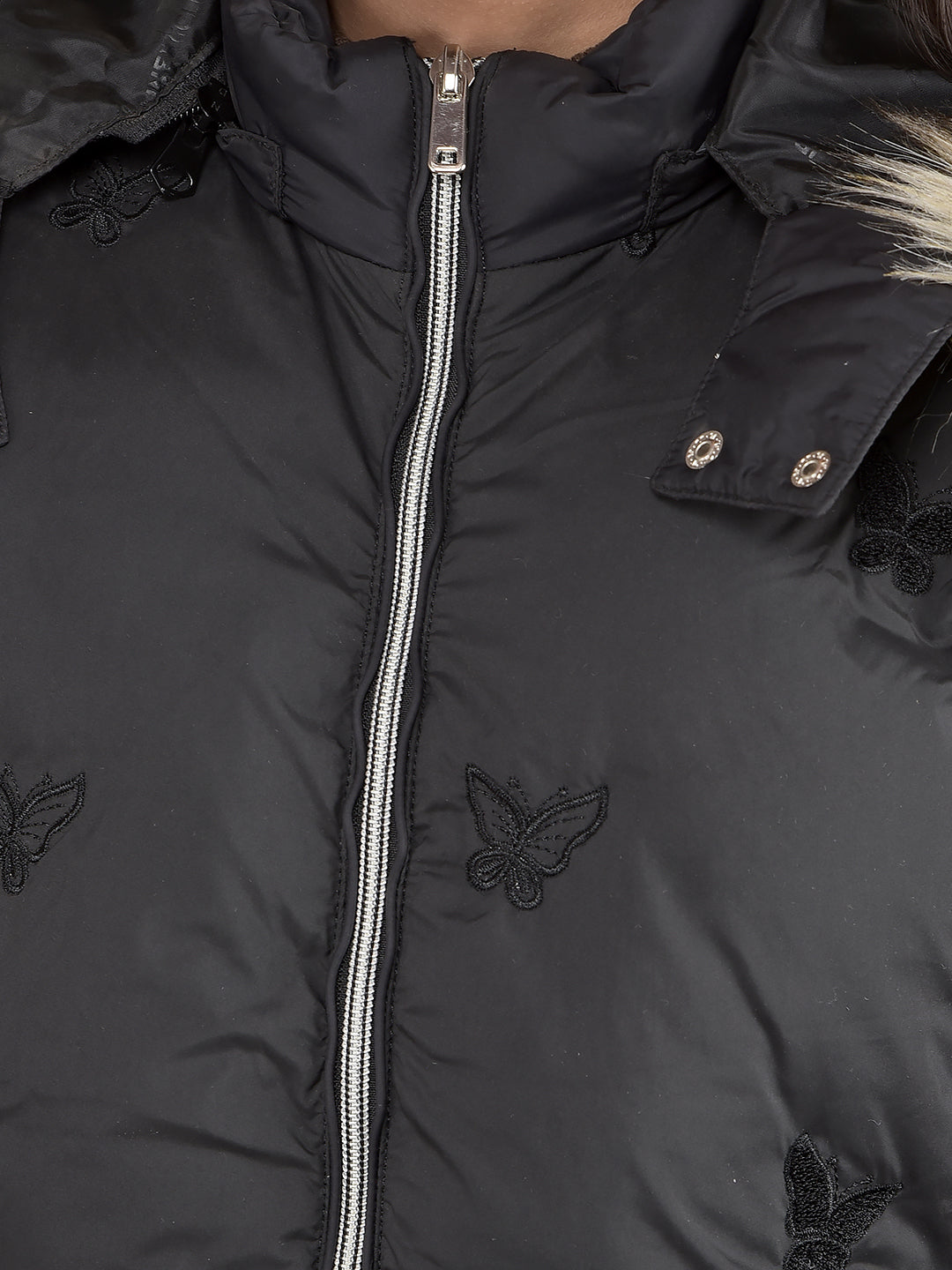 Black Graphic Print Hooded Neck Puffer Jacket-Girls Jackets-Crimsoune Club