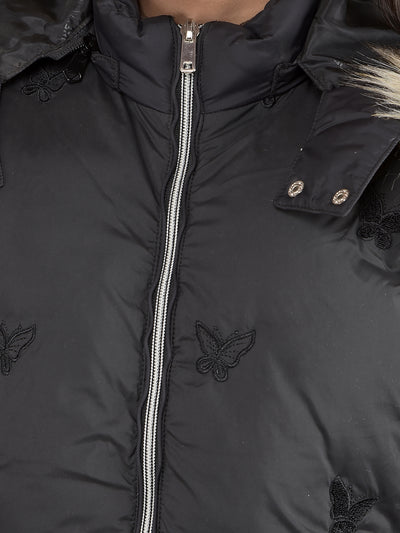 Black Graphic Print Hooded Neck Puffer Jacket-Girls Jackets-Crimsoune Club