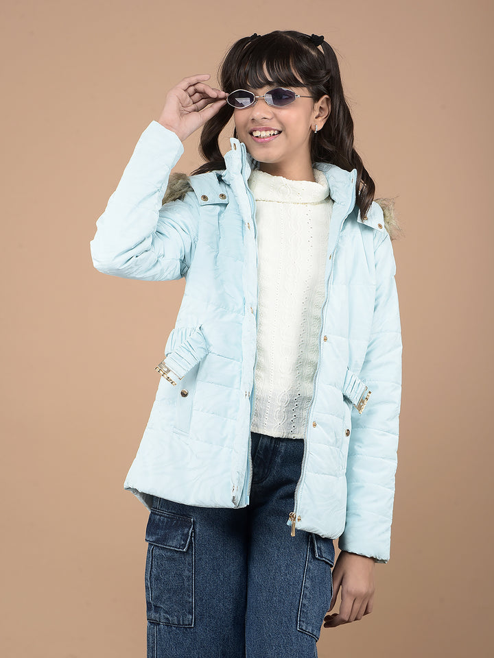 Blue Printed Hooded Neck Puffer Jacket-Girls Jackets-Crimsoune Club