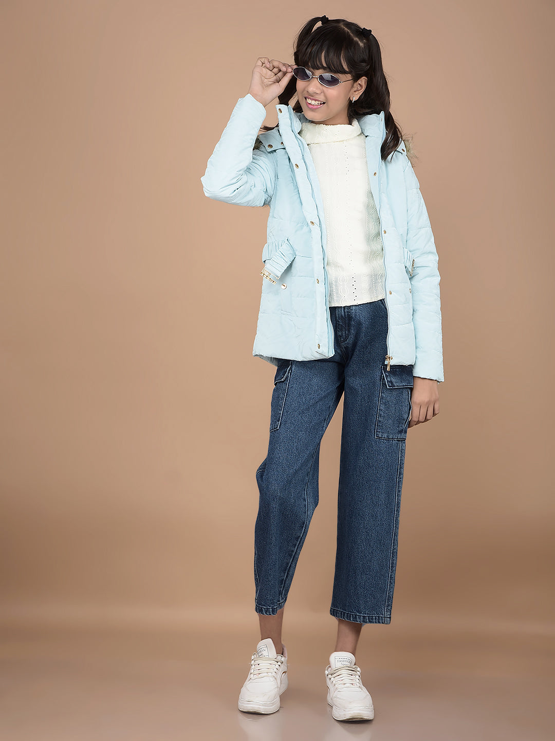 Blue Printed Hooded Neck Puffer Jacket-Girls Jackets-Crimsoune Club