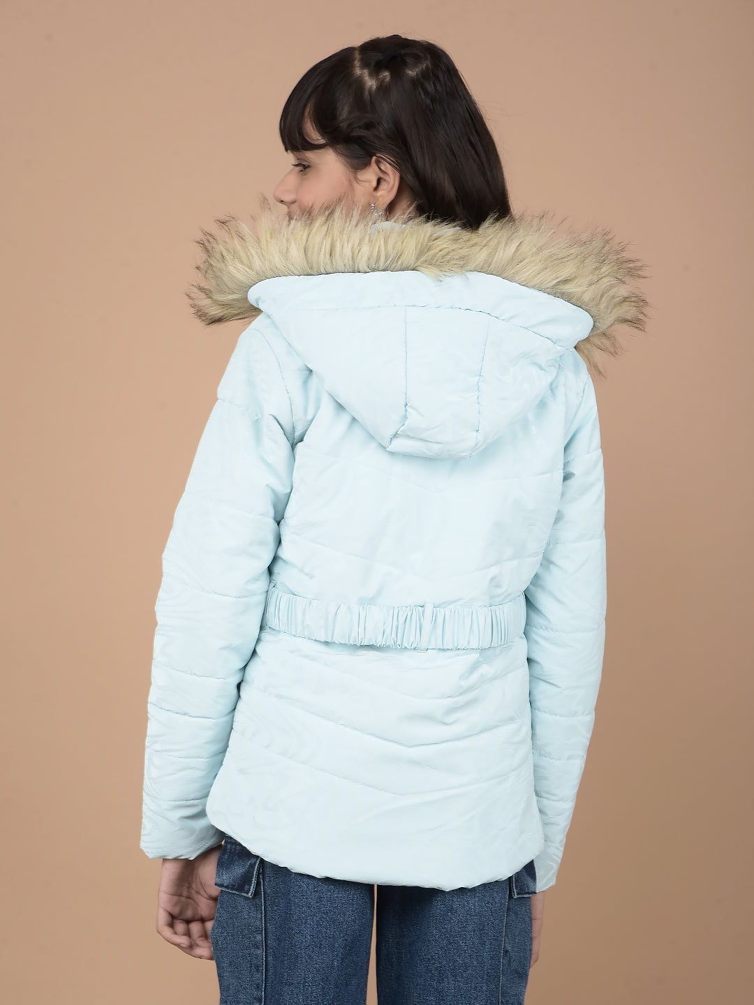 Blue Printed Hooded Neck Puffer Jacket-Girls Jackets-Crimsoune Club
