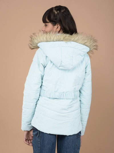 Blue Printed Hooded Neck Puffer Jacket-Girls Jackets-Crimsoune Club