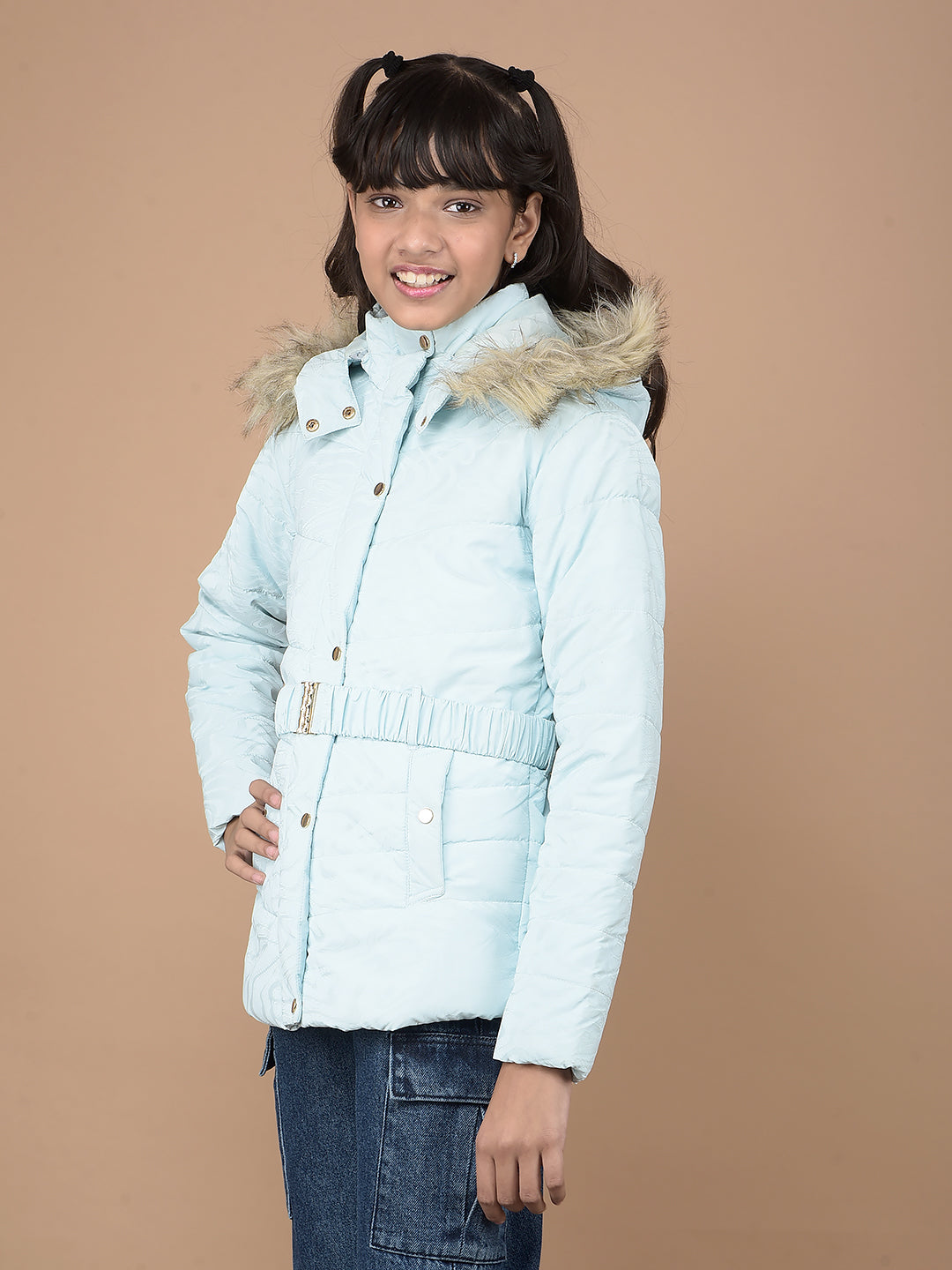 Blue Printed Hooded Neck Puffer Jacket-Girls Jackets-Crimsoune Club