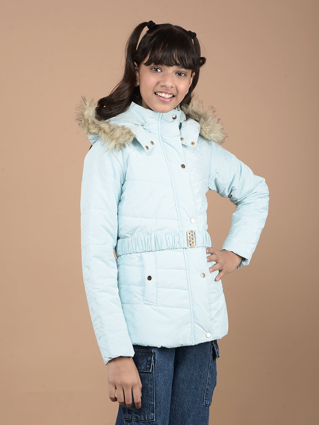 Blue Printed Hooded Neck Puffer Jacket-Girls Jackets-Crimsoune Club