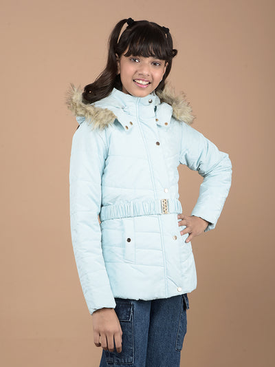 Blue Printed Hooded Neck Puffer Jacket-Girls Jackets-Crimsoune Club