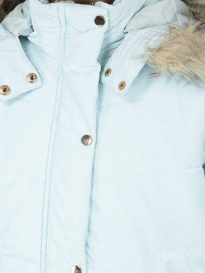 Blue Printed Hooded Neck Puffer Jacket-Girls Jackets-Crimsoune Club