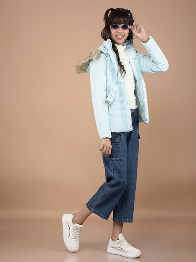 Blue Printed Hooded Neck Puffer Jacket-Girls Jackets-Crimsoune Club