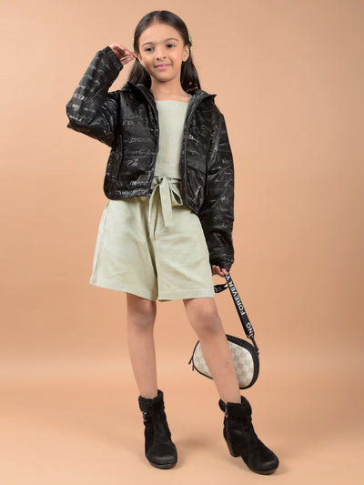 Black Typographic Print Hooded Neck Padded Jacket-Girls Jackets-Crimsoune Club