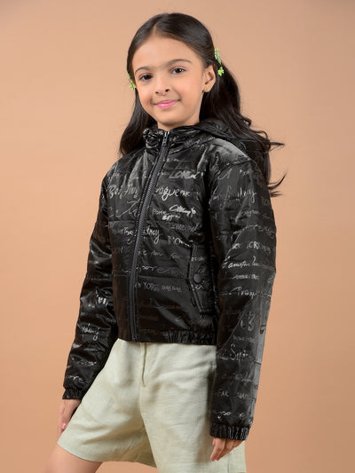 Black Typographic Print Hooded Neck Padded Jacket-Girls Jackets-Crimsoune Club