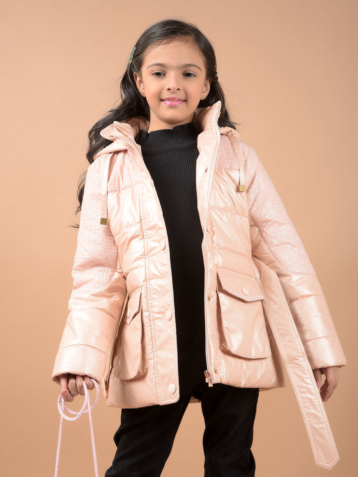 Peach Hooded Neck Padded Jacket-Girls Jackets-Crimsoune Club