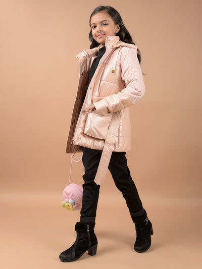 Peach Hooded Neck Padded Jacket-Girls Jackets-Crimsoune Club