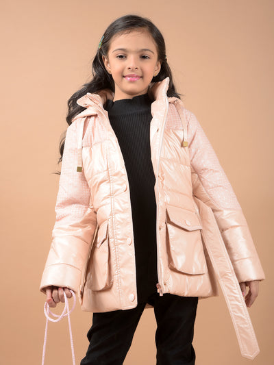 Peach Hooded Neck Padded Jacket-Girls Jackets-Crimsoune Club