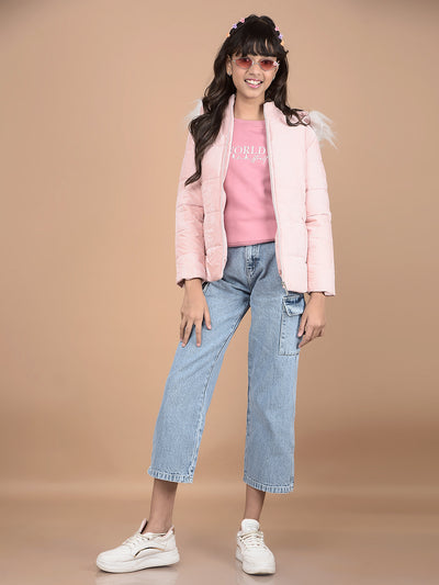Pink Printed Hooded Neck Puffer Jacket-Girls Jackets-Crimsoune Club