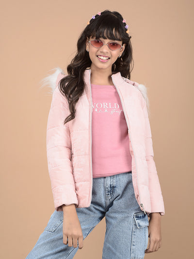 Pink Printed Hooded Neck Puffer Jacket-Girls Jackets-Crimsoune Club