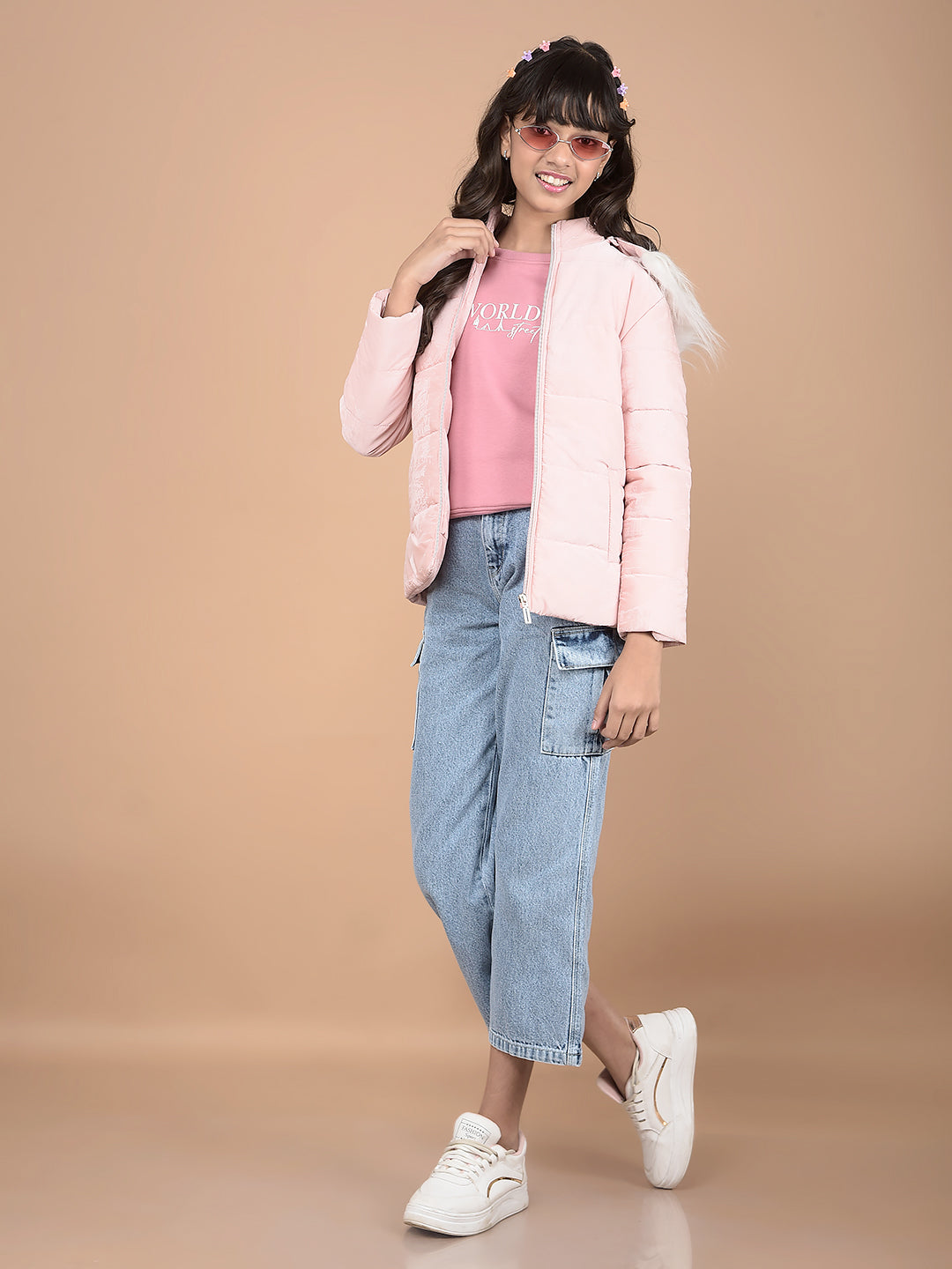 Pink Printed Hooded Neck Puffer Jacket-Girls Jackets-Crimsoune Club