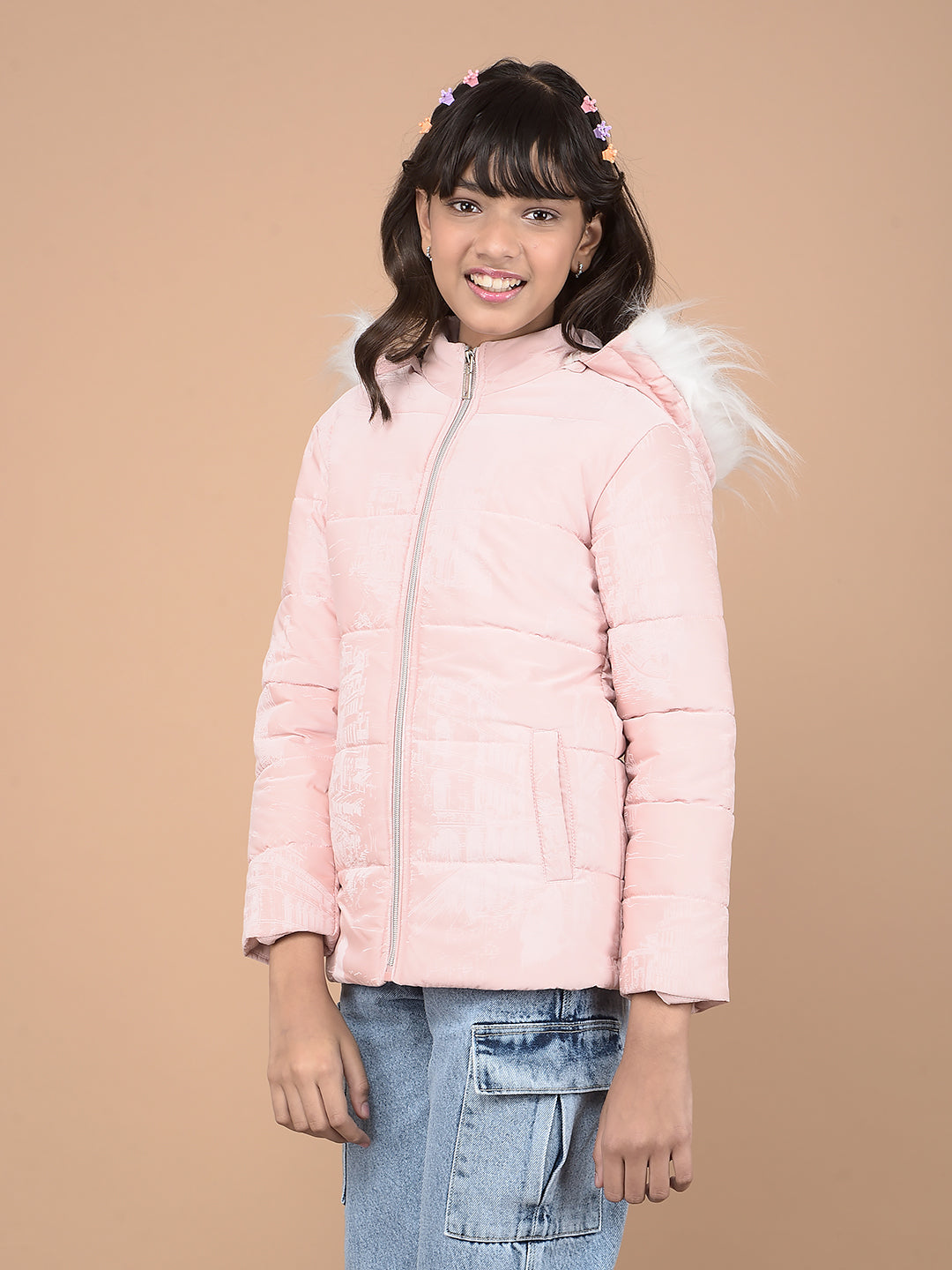 Pink Printed Hooded Neck Puffer Jacket-Girls Jackets-Crimsoune Club